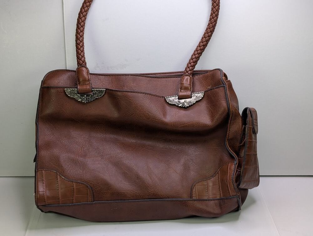 Bueno Brown Faux Leather Satchel Handbag Braided Handles Western Croc Trim
